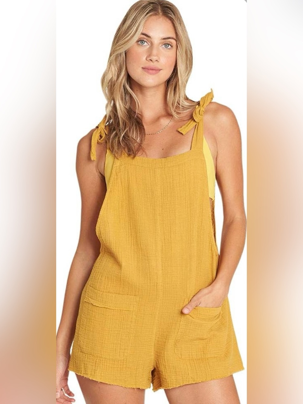 Billabong Girl on the Run Overall Romper in Mustard Yellow 100% Cotton
